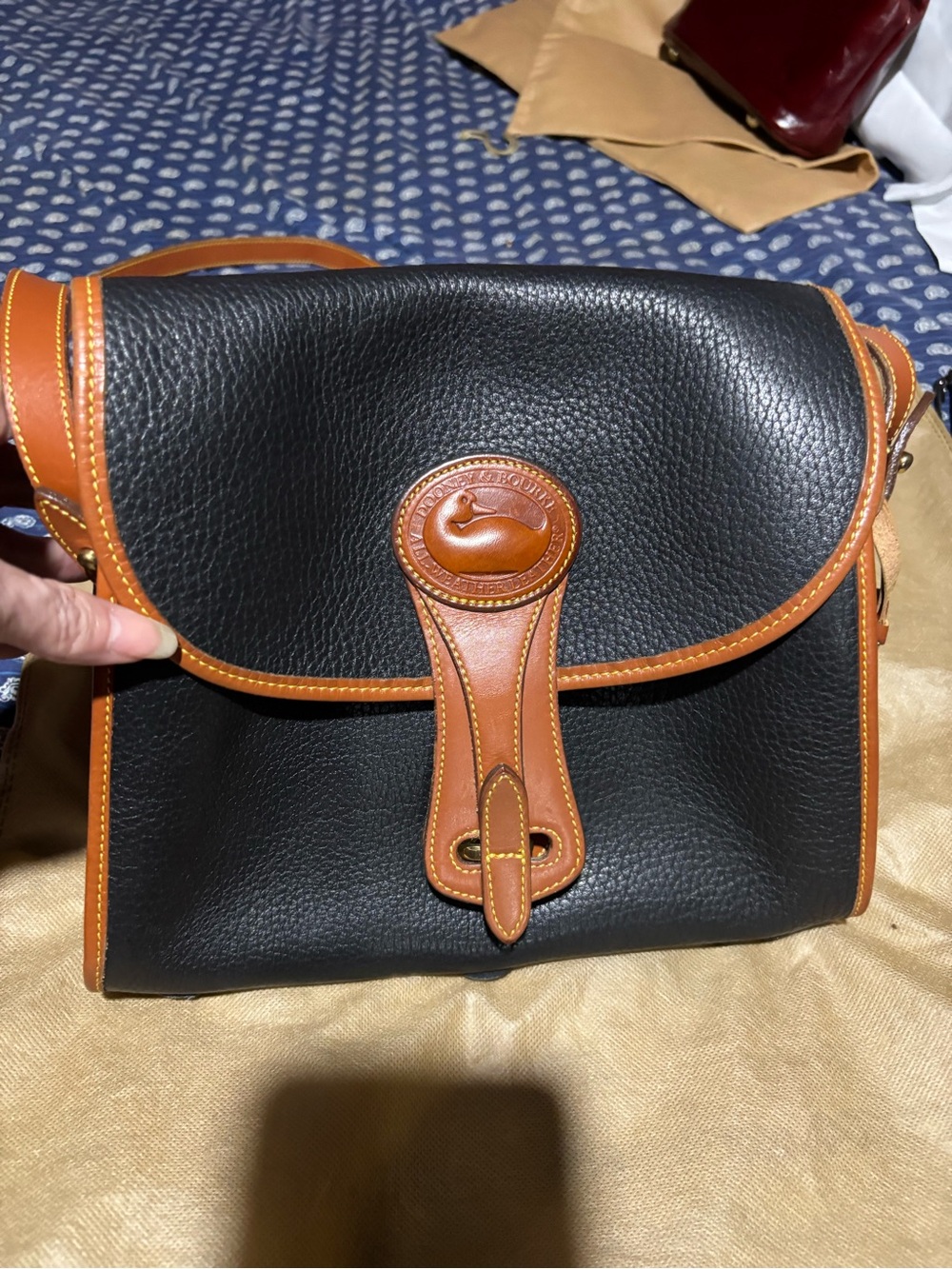 Dooney & Bourke Black Pebbled Leather Messenger with Brown Trim